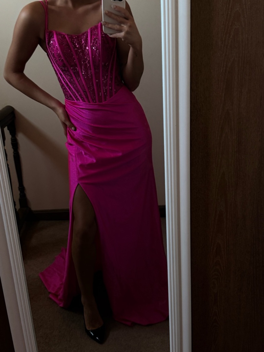 Fuchsia Sequin Corset Prom Dress with Side Slit